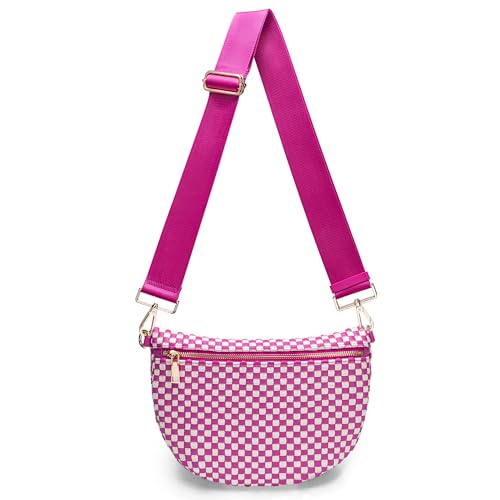 WOOMADA Checkered PU Bum Bag Sling Purse with Adjustable Strap for Travel(Rose Red White Check)