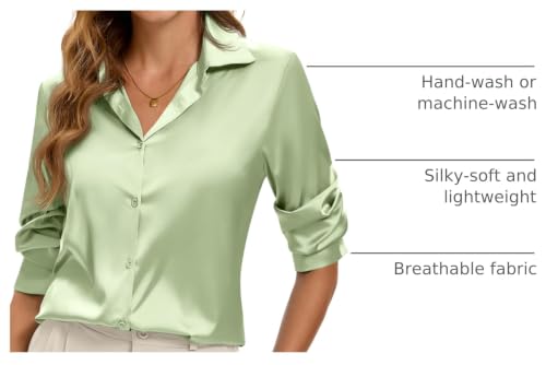 Image of Premium Soft Breathable Stretch Satin Silk Button Down Shirts for Women Long Sleeve Leopard Blouses Work Dress Tops