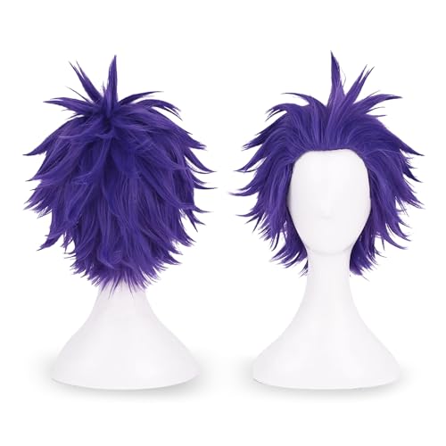 Purple Anime Cosplay Halloween Wig: Short Purple Men Cosplay Wig + 2 Hair Caps, Synthetic Short Spiky Wigs, Halloween & Christmas Parties Anime Events Hairstyle for Men & Teens