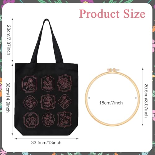 Image of PATPAT DIY Embroidery Canvas Tote Floral Embroidery Canvas Shoulder Bag Artcraft Material Pack With 35x33Cm Bag & Color Yarns,Needles,Hoop And Tools DIY Book,Black