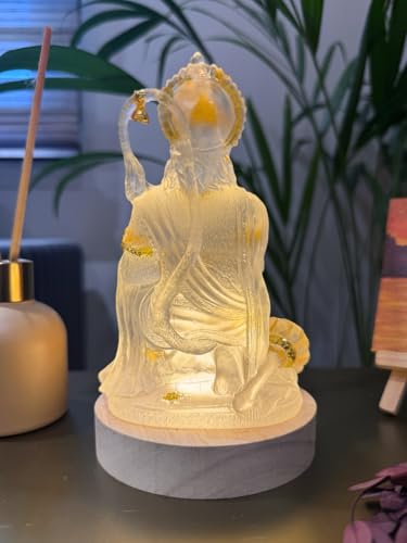 Image of SrI Krishna CULTURE- Hanuman Ji Idol Bending Pose On Wooden LED Base-USB Corded-Warm White-Hanuman Statue-Diwali Special-Height-6.5 Inches