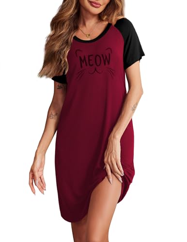 Ekouaer Damen Nachthemd Print Nachtwäsche Lustig Kurz Sleepshirt Schlafhemd T-Shirt Kurzarm Schlafshirt Rot Katze M