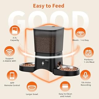 HoneyGuaridan 5G/2.4G WiFi Distributore Automatico Cibo Gatti con 2 Ciotole, Distributore Automatico Intelligente per Gatti e Cani, 4 Piedini Antiscivolo, Stabilità, 1-6 Pasti al Giorno (3.5L)