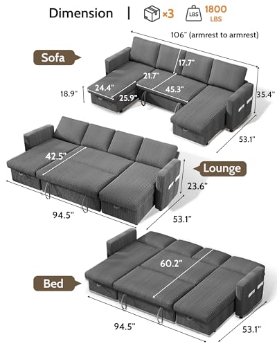 Image of WEUP 106 inch U Shaped Sectional Sleeper Sofa Bed with Pull Out Bed, Sectional Sleeper Couch Pull Out Couch with Reclining Backrest /Reversible Storage Chaise /USB Ports /Tool-Free Assembly, Corduroy Grey