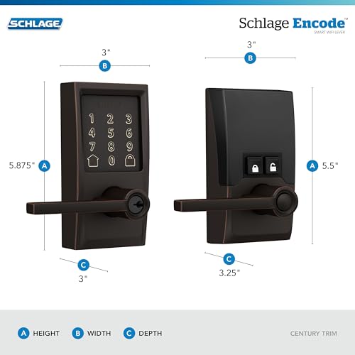 Image of Schlage Encode Smart WiFi Lock, Lever Handle, Century Trim, Aged Bronze | Keyless door lock with handle, Touchscreen keypad, App control, Alexa, Google, Ring & Airbnb compatible, Certified security