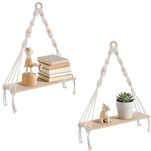 Kinfezlon 2 Stück Makramee Wandregal, Holz Regal, Makramee Wandbehang, Handgewebte Schweberegal, Boho Deko Hängeregal Baumwollseil, Quasten Schweberegal Pflanzenregal, für Wohnzimmer, Schlafzimmer