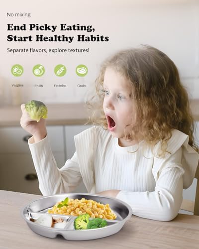Stainless Steel Kids Plates 2 Packs, Deepened 9" Portion Control Plate Divided Plate for Toddlers Bigger Appetite, Non Toxic Unbreakable Metal Lunch Dishes