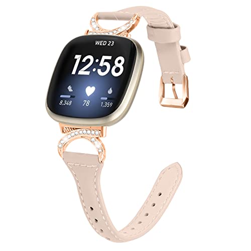 Gimuk Bracelet en cuir compatible avec Fitbit Versa 4/Sense 2, bracelet de sport en cuir véritable pour femme avec strass en métal, 5.5
