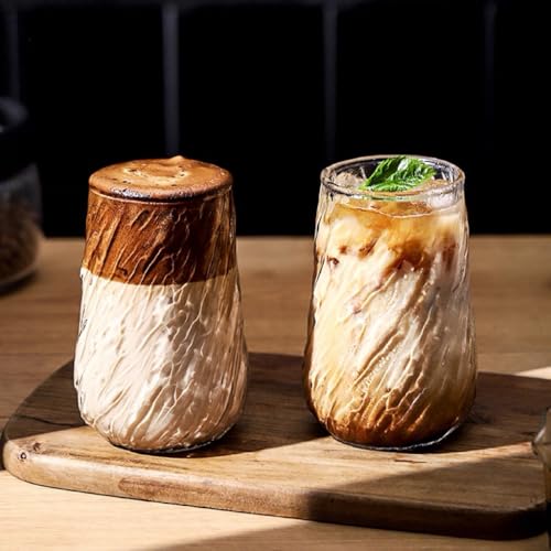 SiegenPro 2 Pcs Drinking Glasses Coffee Cup, 13oz/400ml Glassware Set, Cocktail Glasses, Iced Coffee Glasses, For Cappuccino, Caramel Americano Water Soda Tea Milkshake Juice, Gift (Bark-Grained)