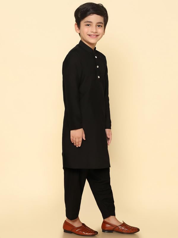 Kisah Boy's Kurta Patiala Set, Black Cotton Blend, Solid Long Sleeves Regular Fit Mandarin Collar (9-10 Years)