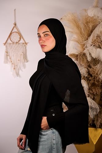 Mila Basic Cotton Modal Sponge Scarf - Classy Gift for Special Occassions - Luxurious Versatile Style & Ideal Accessory - Women's Hijab - Size (75x200) cm - طرحه قطن مودال شاش اسفنجي - حجاب (Black)