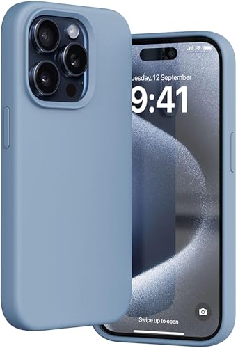 Image of eller sante Silicone Back Cover Case for iPhone 15 Pro Shockproof Scratch Resistant Slim Fit Protective Design Military-Grade Protection Support Mag-Safe Wireless Magnetic Charging- Blue
