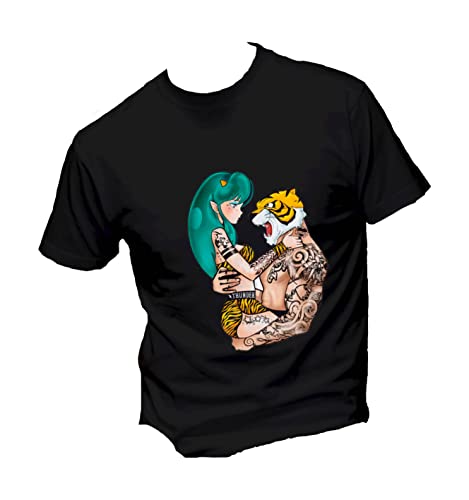  T-Shirt Uomo Cotone Basic Super vestibilità Top qualità - Love Lamù & Tigre - Divertente Humor Made in Italy (M, Nera)
