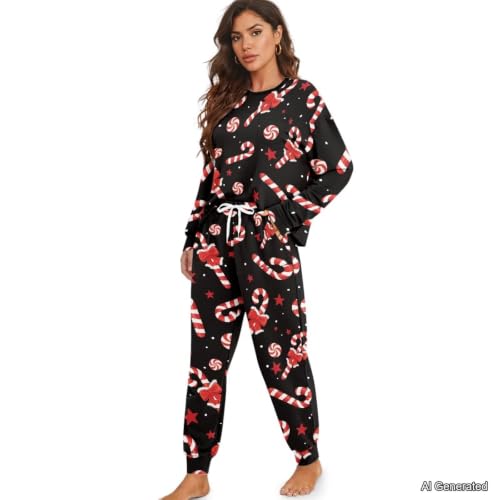 Image of Womens Lounge Set Long Sleeve Soft Pajama Sets | Casual 2 Piece Pj Outfit, Crewneck Sleepwear with Pockets, Adjustable Drawstring, Soft Comfy Fall Pajamas, Plus Size