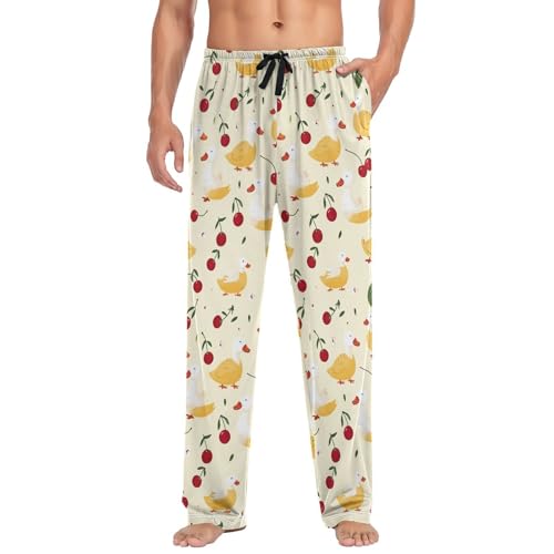 Men’s Cherries Ducks Pajama Pants with Pockets, Comfortable Lounge Sleep Bottoms#1813