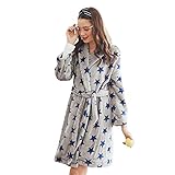 Batas Mujer Manga Larga V-Cuello Estrellas Albornoz Estampadas Otoño Invierno Moda Vintage Suave Polares Termica Pijama Sauna Abrigos con Cinturón (Color : Grau-1, Size : S)