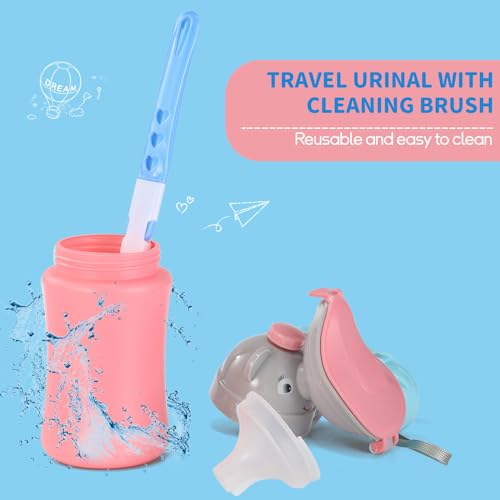 Image of ONEDONE Portable Urinal for Kids 17 OZ Pee Bottle with Clean Brush Travel Urinal for Kids Baby Child Pee Cup for Girls Emergency Toilet for Camping Car Travel and Kid Potty Training (Pink)
