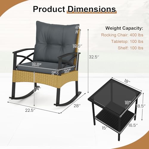 Image of Tangkula 3 Pieces Wicker Outdoor Rocking Chairs Set | Heavy Duty | Cushioned | Rattan Rocker Bistro Set w / 2-Tier Tempered Glass Coffee Table for Garden, Balcony, Backyard