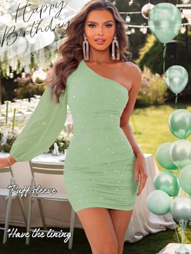 Image of ShawGobow Sparkly Outfits for Women,One Shoulder Ruched Bodycon Short Prom Dress,Sexy Dresses Cocktail Homecoming Nye