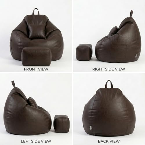 Image of KAM'S LIEU 5XL Luxury Faux Leather Bean Bag with Footrest & Cushion | Pre-Filled High-Density Polystyrene Beans | Premium Leatherette | 6 Months Warranty Color- (Brown, Without Footrest)