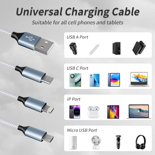 Image of IDISON Multi Charging Cable(3Pack 4FT), 3 in 1 Charging Cable Nylon Braided Multiple USB Cable Universal Charging Cord with Type-C, Micro USB and IP Port for Cell Phones and More