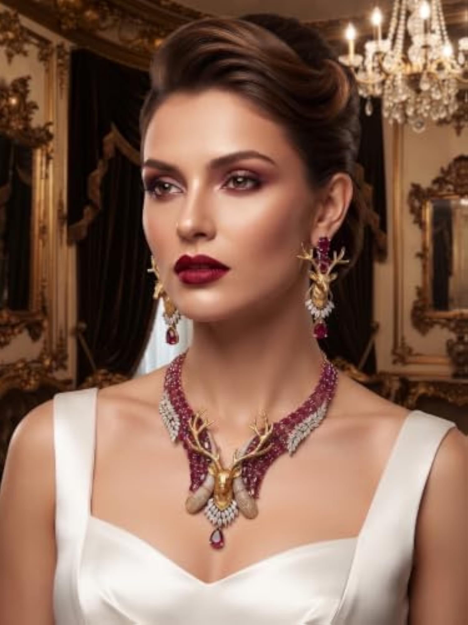 Women's Gold Plated Luxury Ruby CZ Necklace Set with Earrings