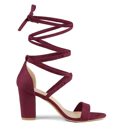 Allegra K Allegra K Women's Strappy Lace Up Chunky High Heels Burgundy Heels Sandals 9 M US