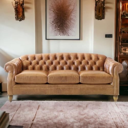 Image of 3 Seater Chesterfield Tufted Sofa in Leatherette Upholstery with Solid Wood Frame and Wooden Legs (111821257 3S)