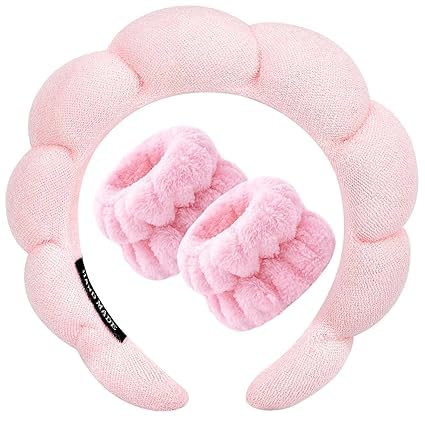 Women 1Pcs Facial Spa Headband 2Pcs Wristband Combo Set, Pink Makeup Headband And Wrist Washband Set For Face Washing, Skincare, Shower, Makeup Removal-image-35