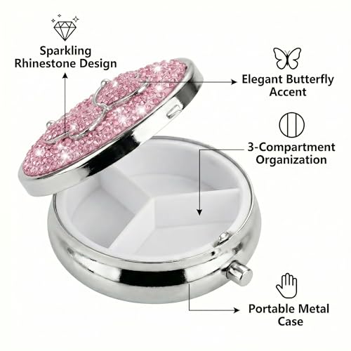 Image of Medicine Organizer Box Butterfly Pocket Pharmacy Bling Travel Pill Case Box for Purse Mini Pill Holder Organizer Small Pills Container for Vitamin(Pink)