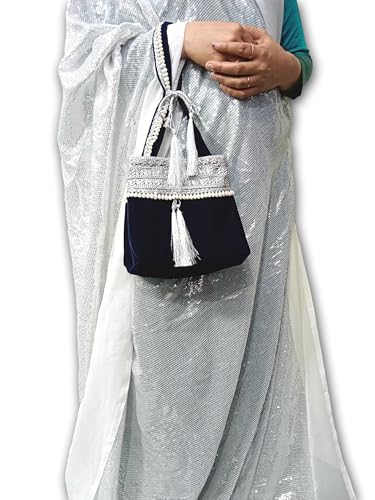 Image of athizay Blue Velvet Handbag for women potli bag which opens to a small shoulder bag for ladies with handcrafted Moti work Strap Multi purpose bag Regal and Royal look