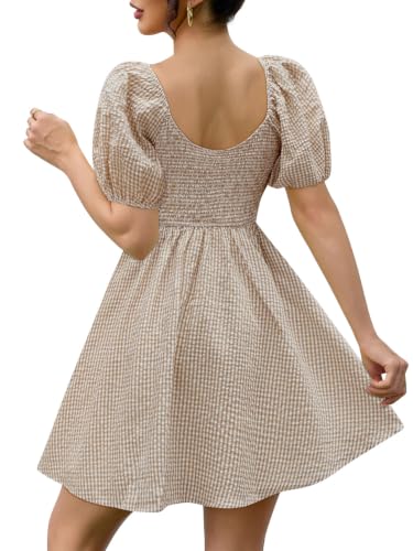 Image of Womens Babydoll Dress 2026 Summer Casual Puff Sleeve V Neck Cute Boho Smocked Flowy Short Sundress Beach Mini Dresses