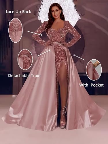 Fair Lady Prom Dresses 2025 Sparkly Sequin Long Sleeves A Line Satin Formal Evening Dress with Slit3