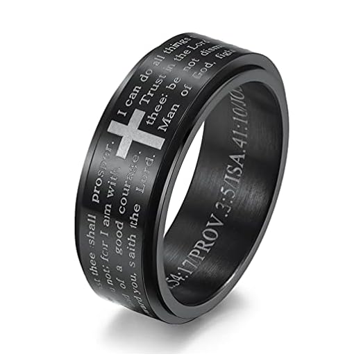 INRENG Stainless Steel Bible Verse Christian Cross Ring Spinner Wedding Rings Band for Men Women Black Size 9