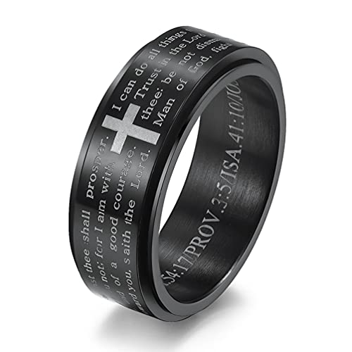 Men's Stainless Steel Bible Verse Christian Lord's Prayer Cross Ring Wedding Bands Engraved Praying