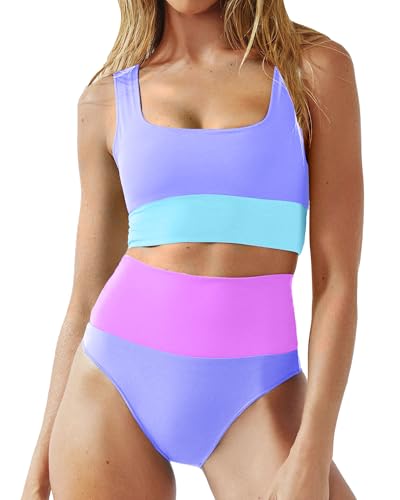 Womens High Waisted Bikini Set 2 Piece Color Block Swimsuits Sporty Full Coverage Bathing Suit Teens Girls