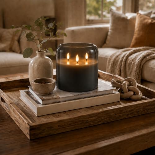 Image of Homemory 6 x 6 Inch Extra Large Flameless Candle, Grey Glass 3-Wick LED Pillar Candle with Smooth Rounded Rim, Real Wax Battery Operated Candle with Remote Control and Timer for Home Decor