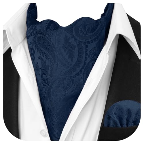 Image of HISDERN Ascot Ties for Men Paisley Floral Ascot and Pocket Square Set Classic Self Tie Mens Cravat Handkerchief for Wedding