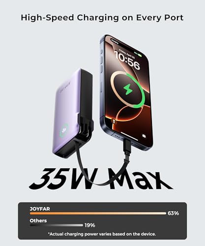 Image of JOYFAR Portable Charger Power Bank - Battery Pack 35W AC Plug GaN 10000mAh Built in Cable USB C Phone Fast Charging Powerbank Compatible with iPhone 16 15 14 13 12 11 X iPad MacBook Samsung (Purple)
