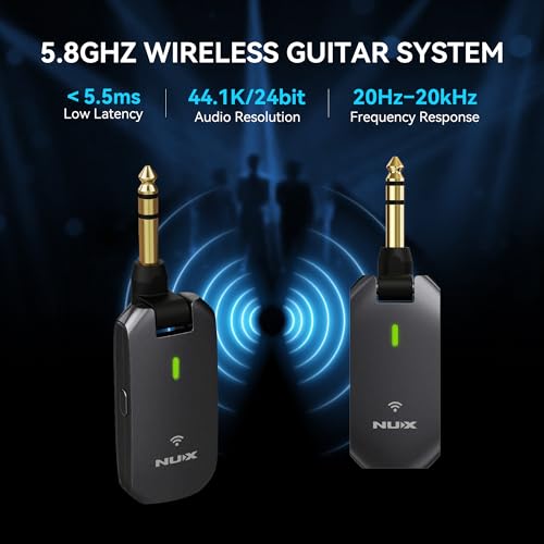 NUX C-5RC 5.8GHz Wireless Guitar System for Active or Passive Pickup Guitar, Charging Case included, UHF Guitar Wireless Transmitter Receiver Low Interference, Auto Match