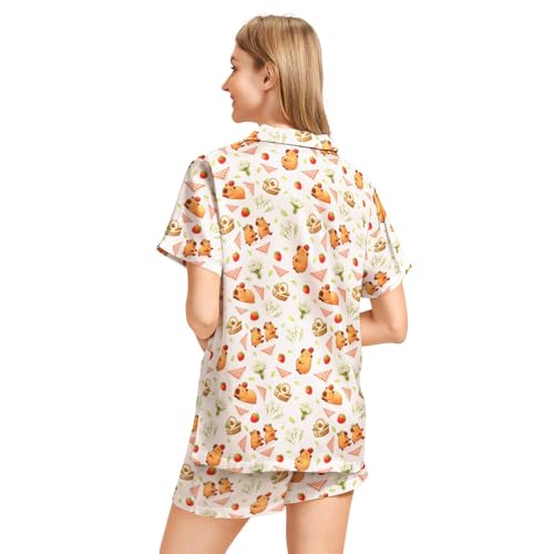 Image of Funny Pajamas for Women Set Print Satin Loungewear Pjs Short Sleeve Button Down Top and Shorts Sets Sleepwear XS-3XL