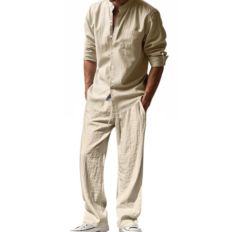 Men's Linen 2 Piece Outfit Long Sleeve Mandarin Neck Button Down Shirt with Elastic Waist Drawstring Lounge Pants Set