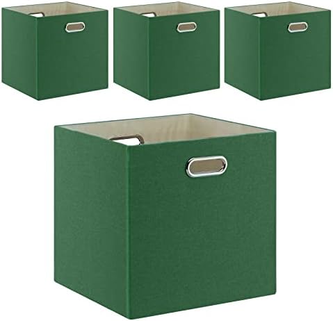 Fboxac Cube Storage Bins 13×13 Linen Foldable Box with Handles, Collapsible Organization Basket Set of 4 Large Capacity Drawer for Closet Shelf Cabinet Bookcase Bedroom, Grass Green