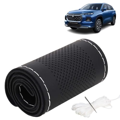 Image of KINGSWAY PU Leatherite Car Steering Cover Sewable Compatible with Maruti Suzuki Grand Vitara (Year 2022 Onwards), Black Color with Silver Thread, Pack of 1 with Sewing Needle and Thread
