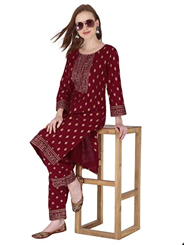 Image of Women's Rayon Printed Kurta with Palazzo Set (Small, Maroon Palazzo Set)