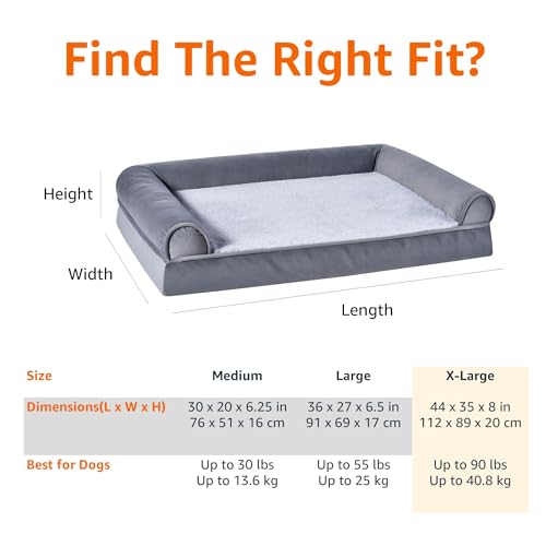 Image of Amazon Basics Living Room Couch Dog Bed with Premium Foam, Non-Slip, Removable Washable Cover, Pressure-Relief Support for Dogs up to 90lbs, Extra Large (44 inch x 35 inch), Grey