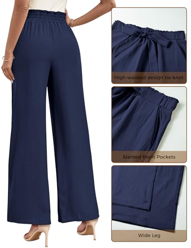 Buauty Wide Leg Palazzo Woman with Pockets High Waist Adjustable Knot Loose Trousers Business Casual Work Pants Dark Blue4