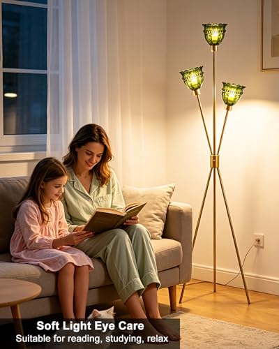 Image of 3-Light Tripod Glass Floor Lamp, Gold Standing Lamp with Green Tulip Lace Glass Shade, Rotary Dimmable LED Floor Lamp for Living Room Bedroom Home Office Sofa Beside Corner Decor, Bulb Included