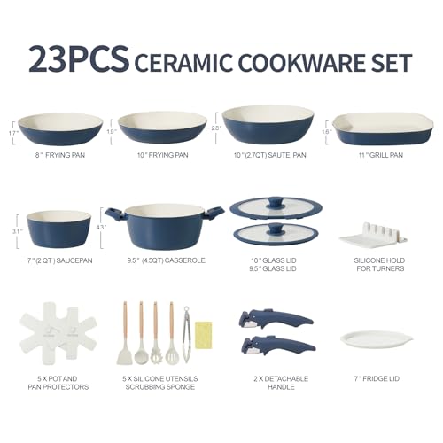BECIGAR 23pcs Ceramic Pots and Pans Set, Nonstick Detachable Handle Cookware, Induction Kitchen Cooking Set with Removable Handle,include Frying Pans & Saucepans Oven Safe(Blue) - Image 2