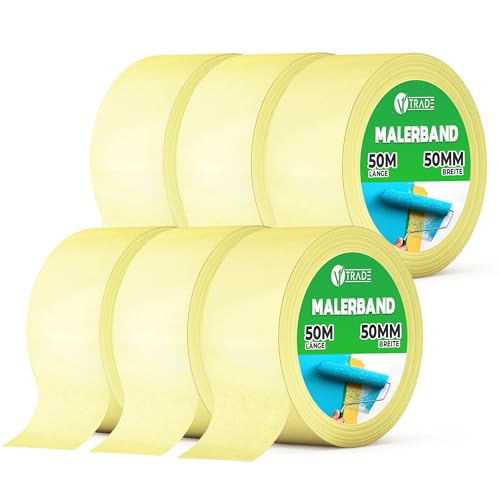 V1 TRADE Malerkrepp 50mm x 50m 6 Stück Kreppband Für Malerarbeiten Malerklebeband Wasserfest Abklebeband Leicht Abziehbar Ohne Rückstände